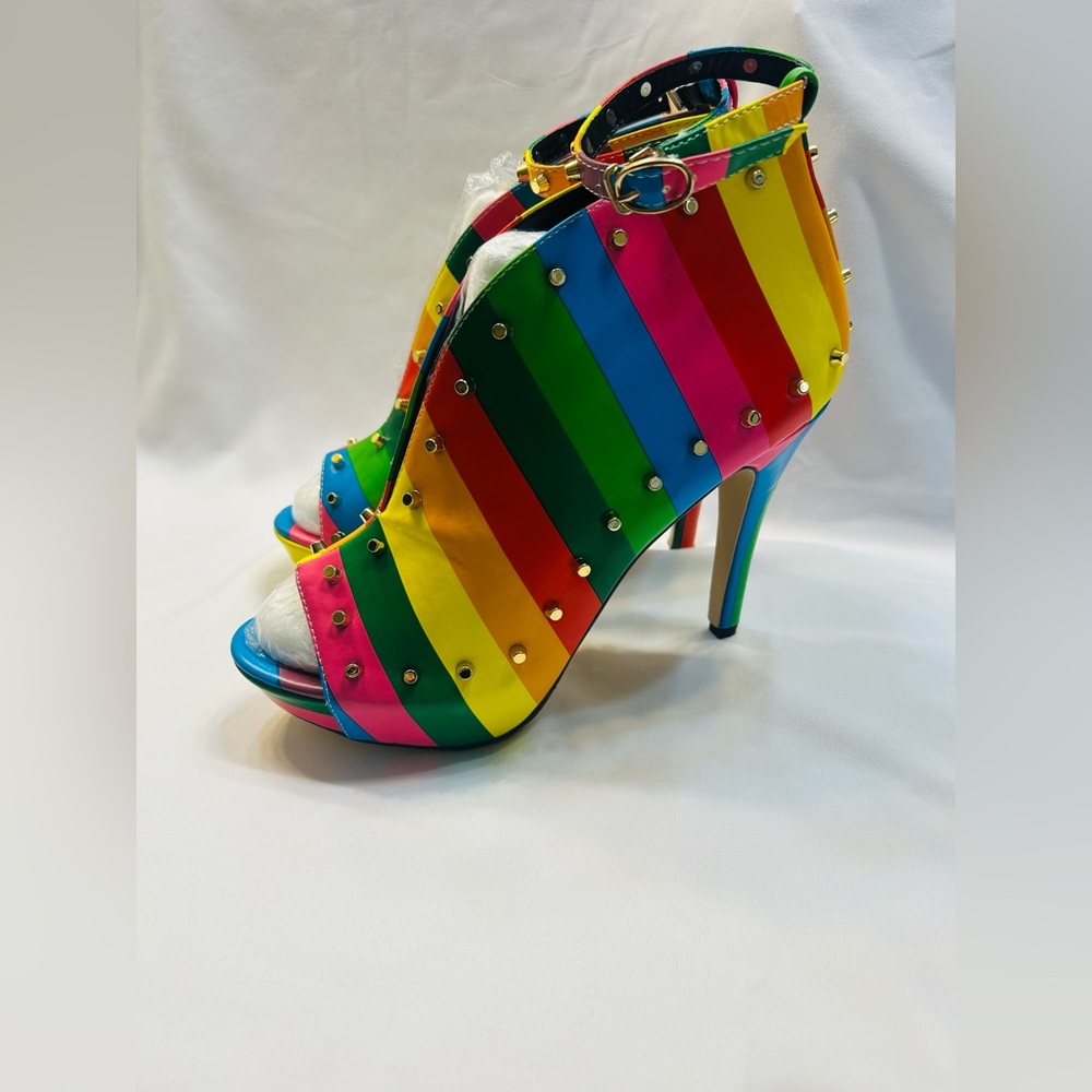 Paolo Russoto Studded Platform Open Toe Rainbow Colored High Heels. NWOT